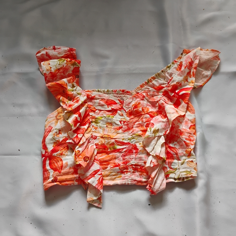H&M Linen Blend Womens M Pink Orange Crop Floral Ruffle On/Off-Shoulder Top